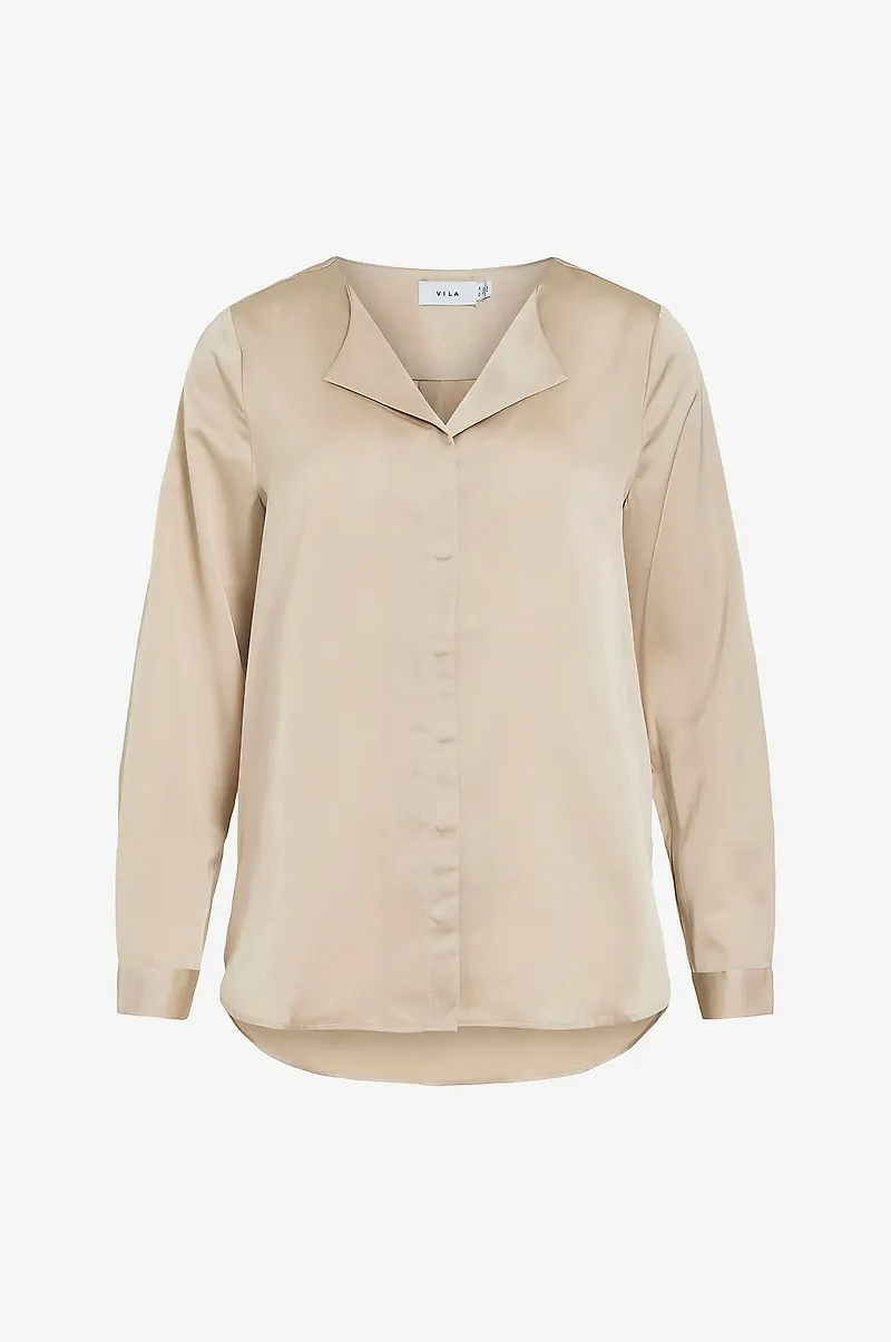 Vila - Skjorta viEllette V-neck L/S Satin Shirt - Beige