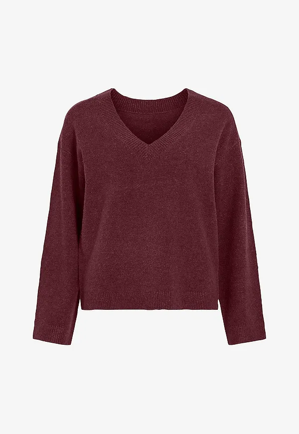 Vila - Tröja Viliga L/S Rev V-Neck Knit Top - No - Röd