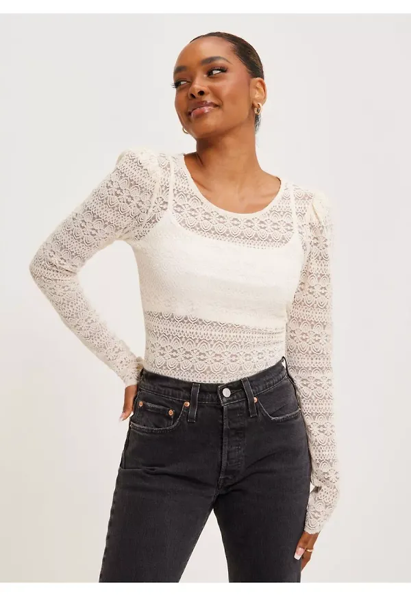 Vila Vichikka O-Neck Puff Shoulder L/S T Spetsblusar Birch