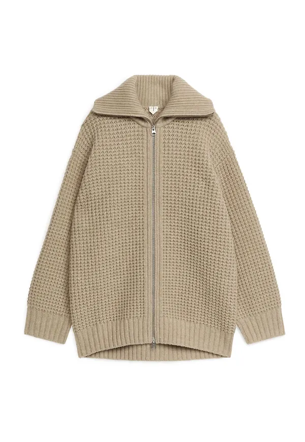 Waffle-Stitch Wool Cardigan - Beige
