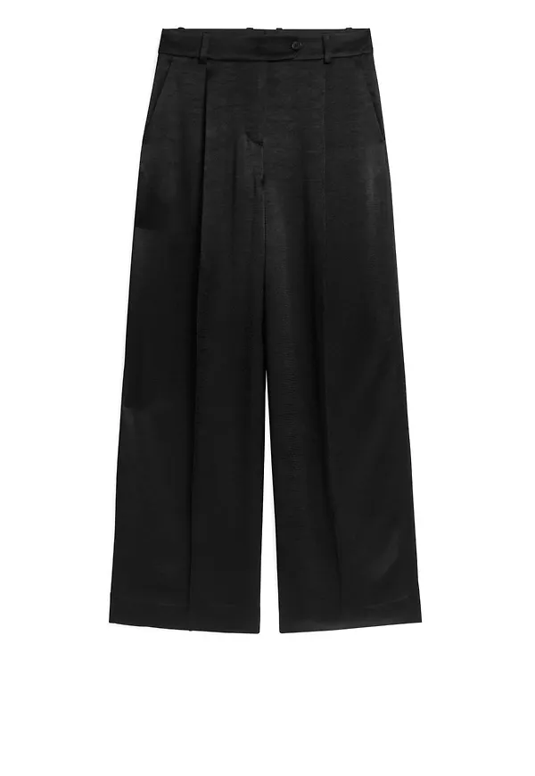 Wide-Leg Satin Trousers - Black