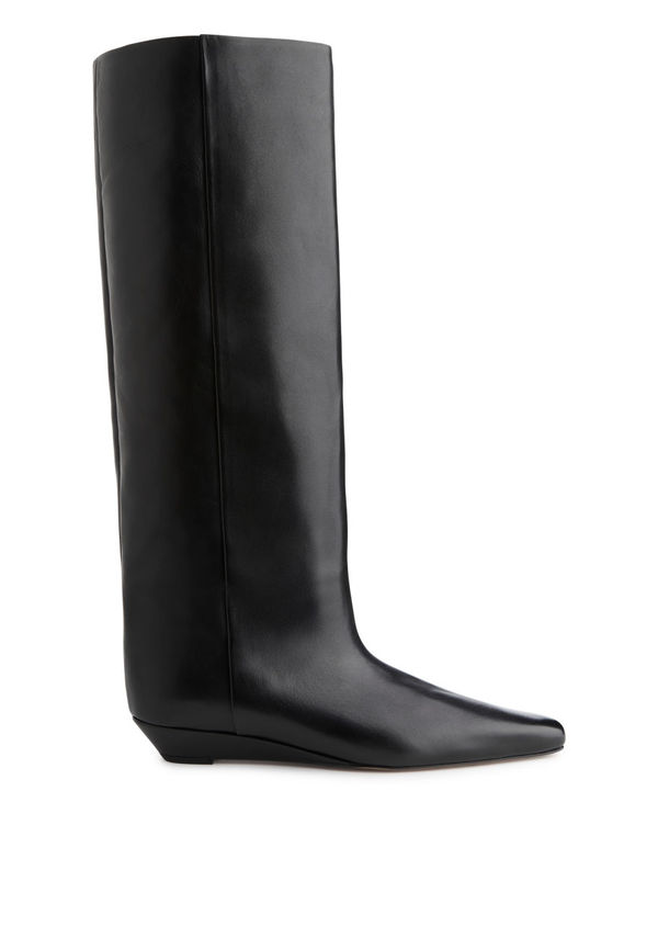Wide-Shaft Wedge Boots - Black