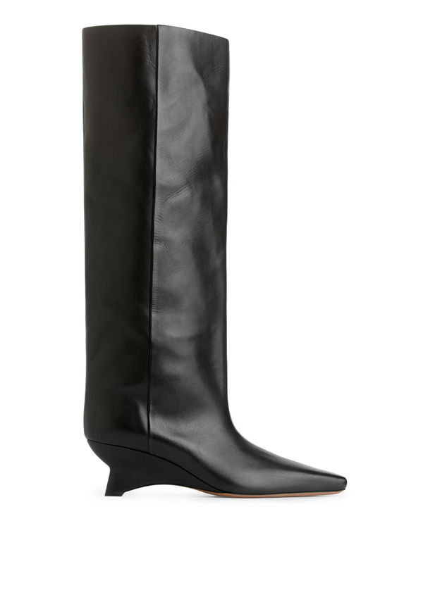 Wide-Shafted Leather Boots - Black