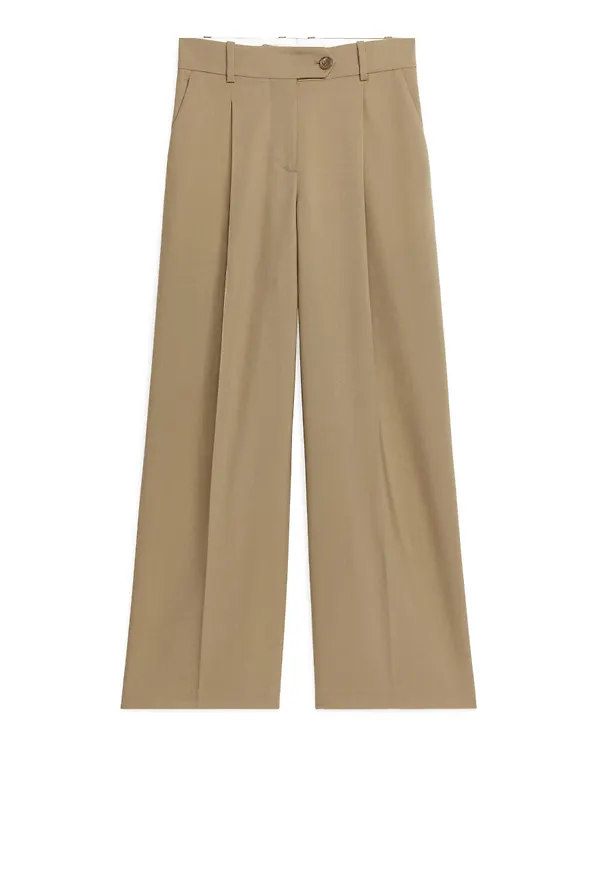 Wide Hopsack Wool Trousers - Beige