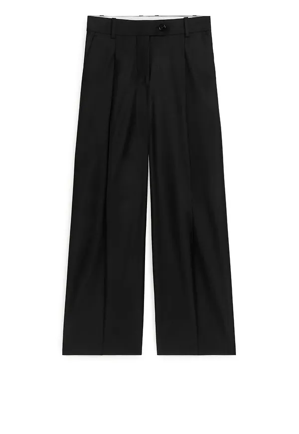 Wide Wool Blend Trousers - Black
