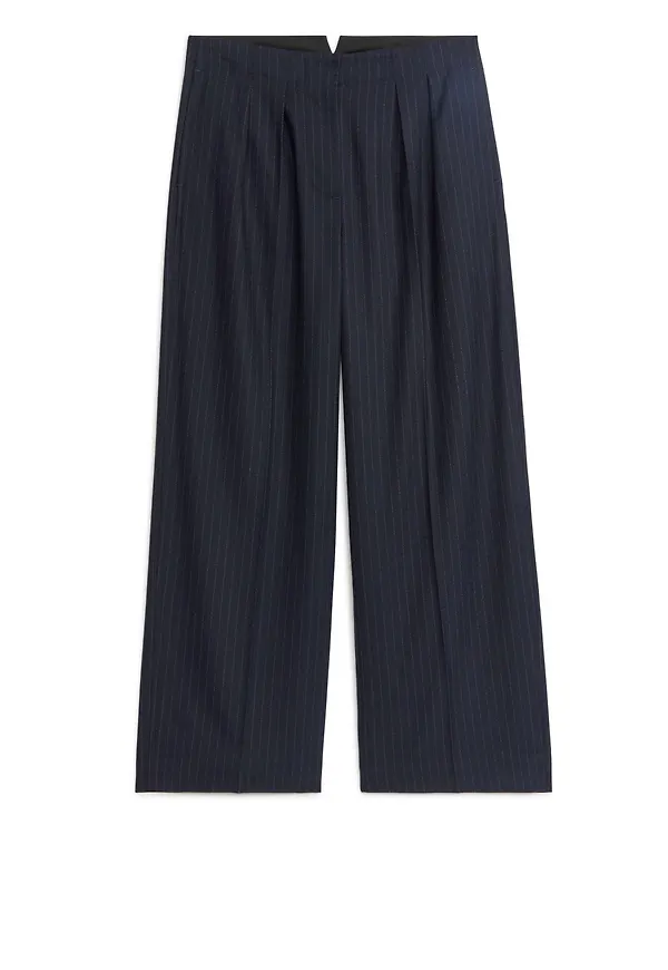 Wide Wool Blend Trousers - Blue