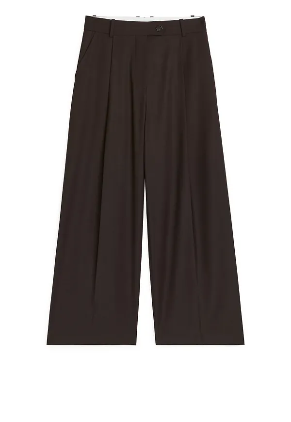 Wide Wool-Blend Trousers - Brown