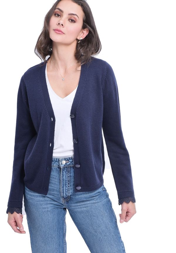 William De Faye V-neck Cardigan With English Lace On Sleeves, Kofta i storlek M och färg Blå