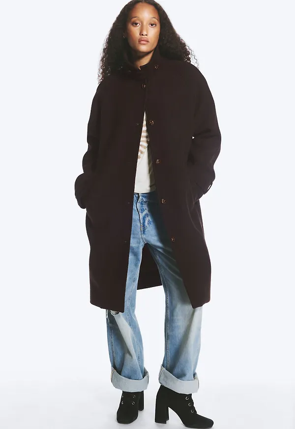 Wool-Blend Funnel-Neck Coat
