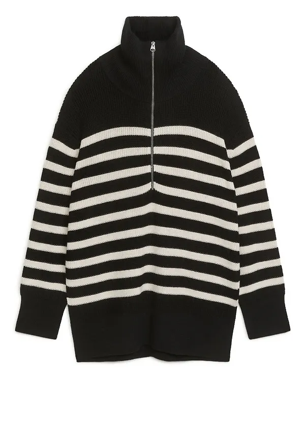 Wool Cotton Half Zip Jumper - Black