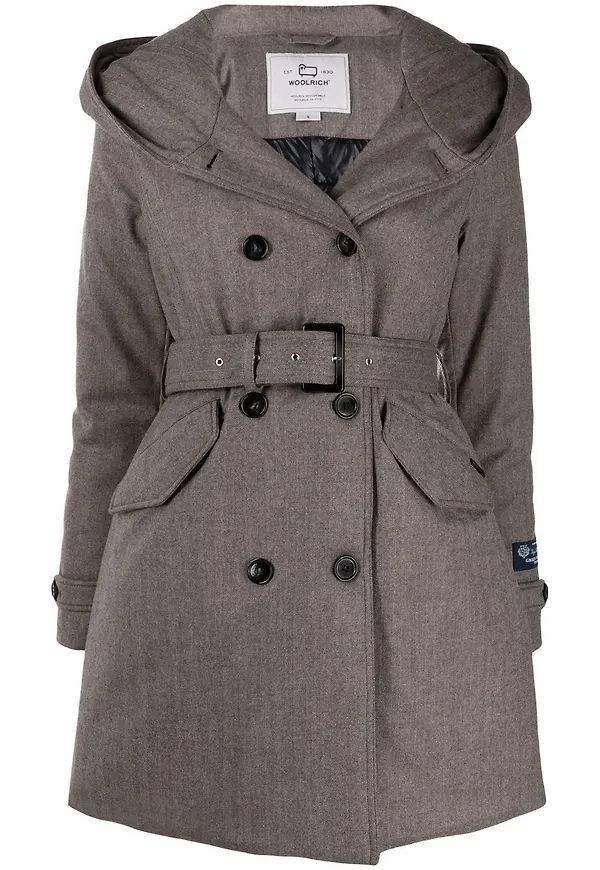 Woolrich dubbelknäppt kappa med huva - Brun