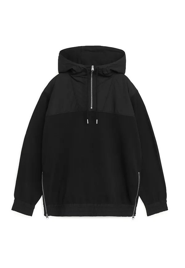 Woven-Detail Hoodie - Black