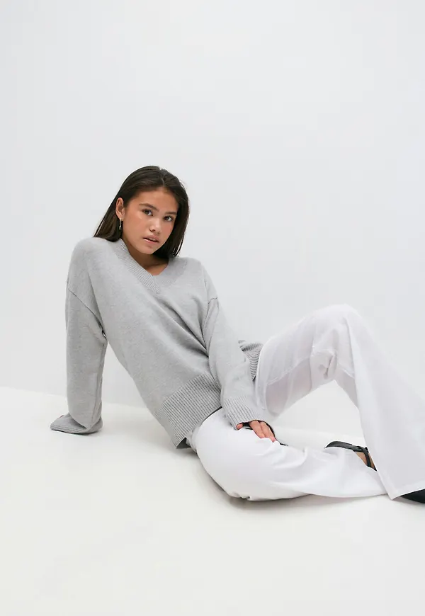 Gina Tricot - Y knit v-neck sweater - stickade tröjor - Grå - 134/140 - Tjej