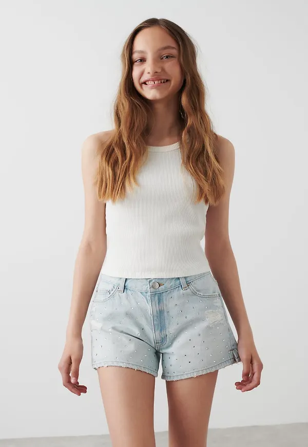 Y rhinestone denim shorts