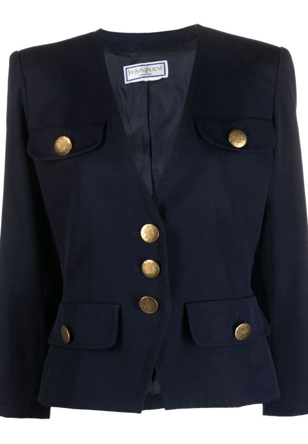 Yves Saint Laurent Pre-Owned v-ringad jacka med knäppning - Blå