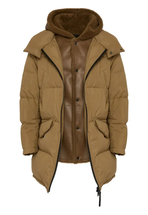 Yves Salomon fårskinnsfodrad jacka med huva - A2246 BROWN