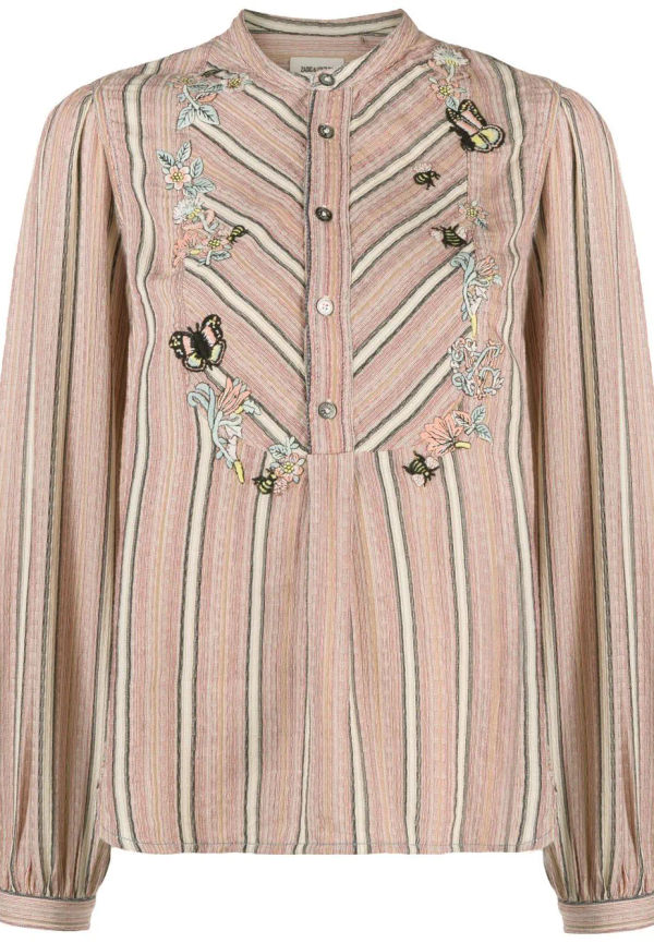 Zadig&Voltaire kritstrecksrandig blus med brodyr - Röd