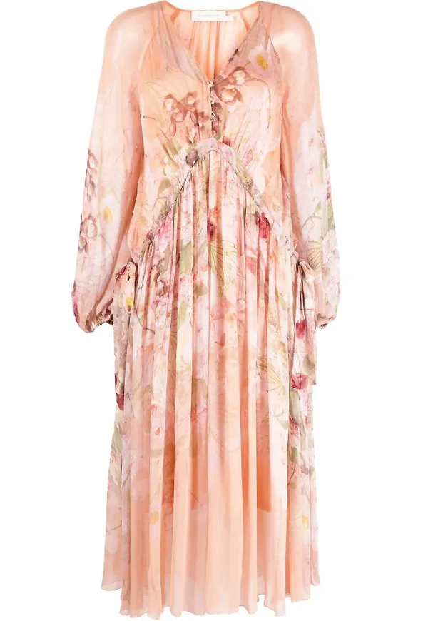 ZIMMERMANN blommig plisserad midiklänning - Rosa