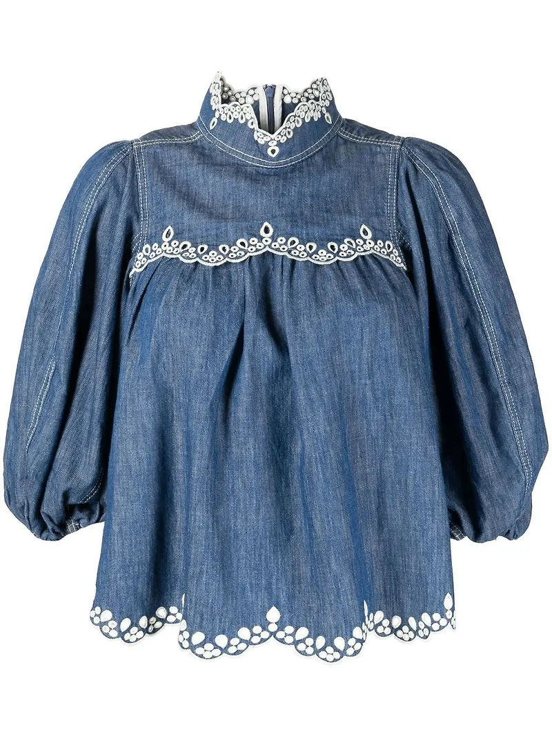ZIMMERMANN Laurel jeansblus med vågig kant - Blå