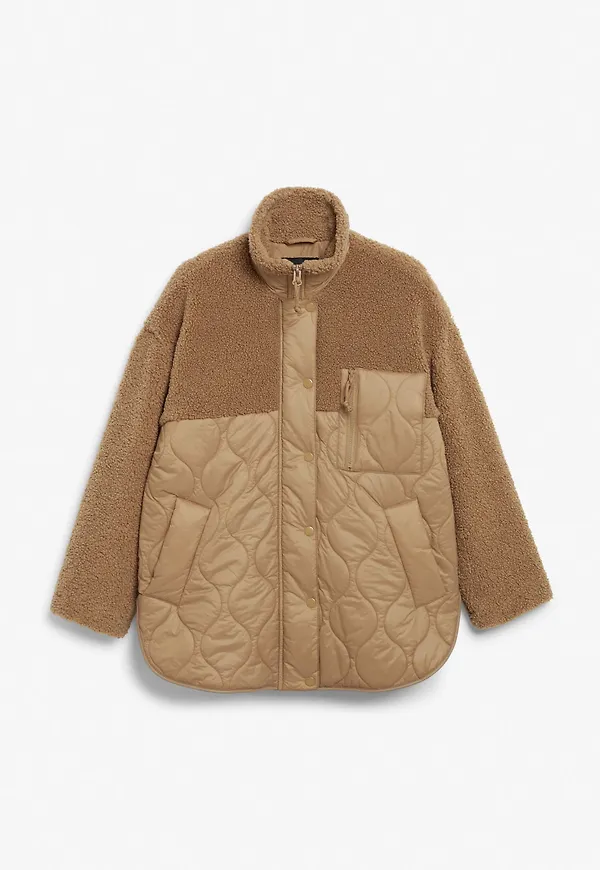 Zip-up single-breasted pile shell jacket - Beige