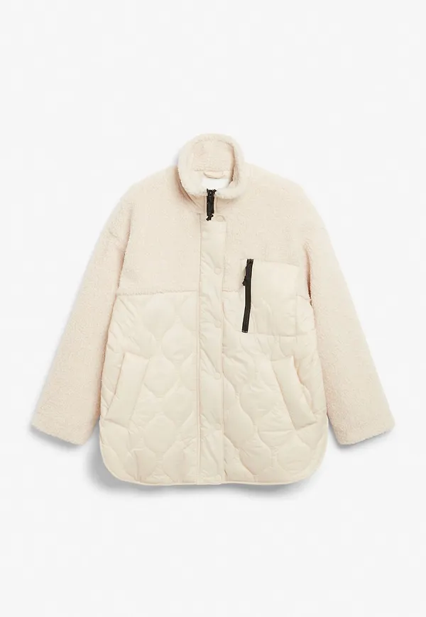 Zip-up single-breasted pile shell jacket - Beige