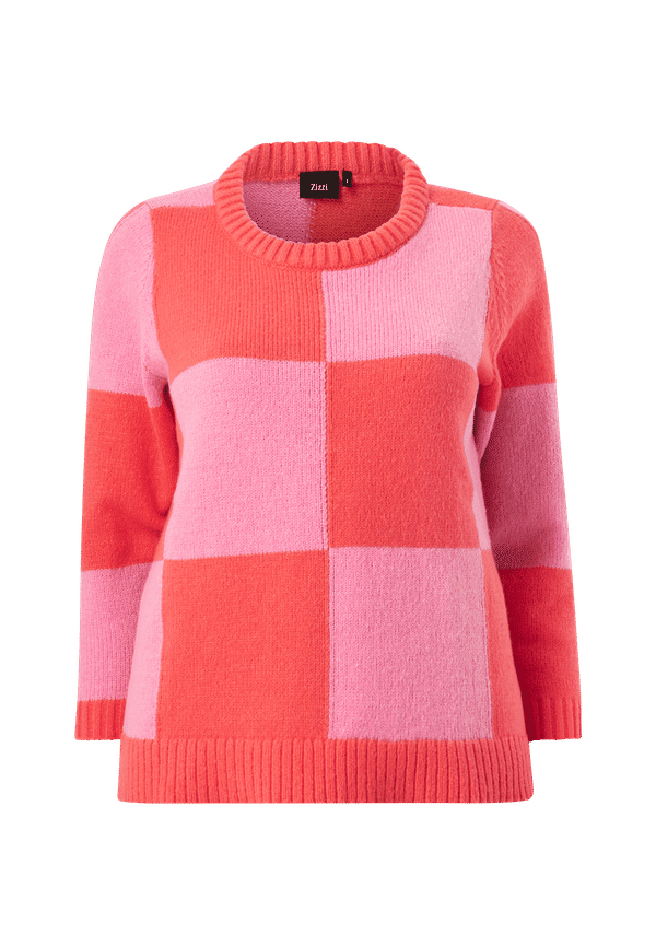Zizzi - Tröja mCheck L/S Pullover - Rosa - 54/56