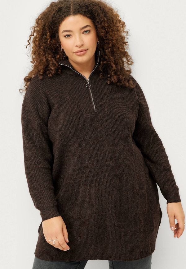 Zizzi - Tröja mSunny Zip L/S Pullover - Brun - 54/56