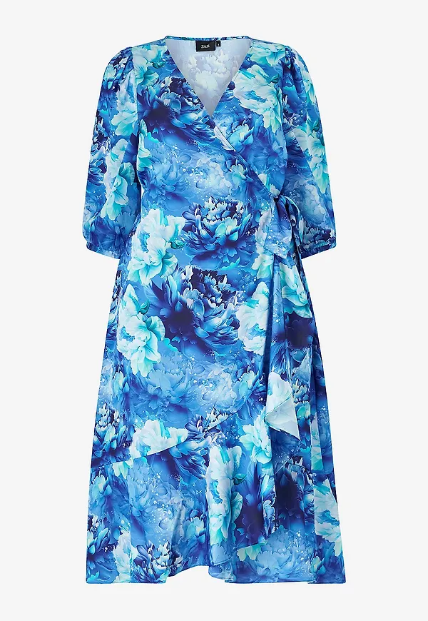 Zizzi - Omlottklänning mSandie 3/4 Midi Wrap Dress - Blå
