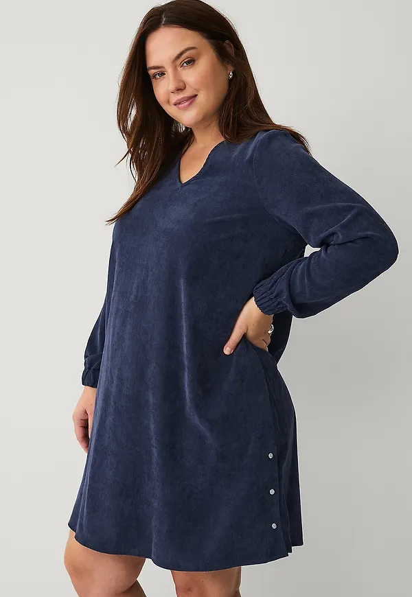 Zizzi - Sammetsklänning vElena L/S Abk Button Dress - Blå