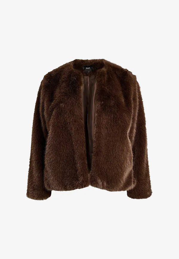 Zizzi - Fuskpälsjacka Mfurry, L/S, Jacket - Brun