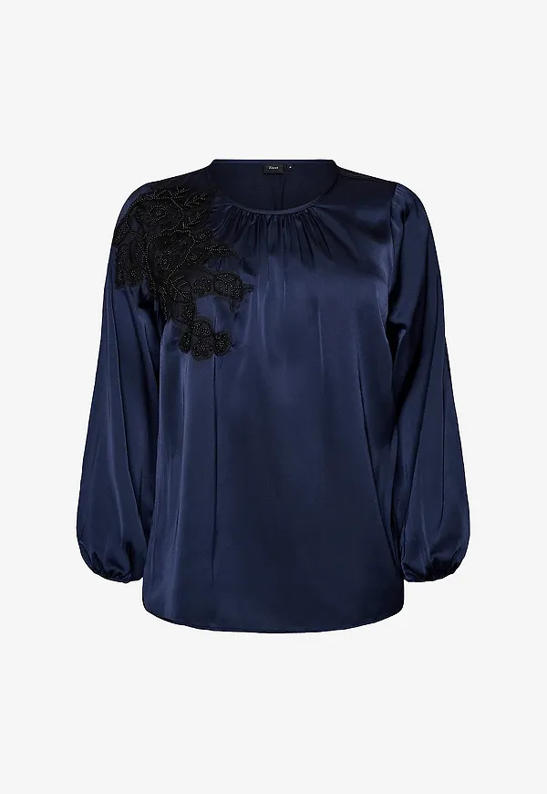 Zizzi - Satinblus Macia, L/S, Blouse - Blå