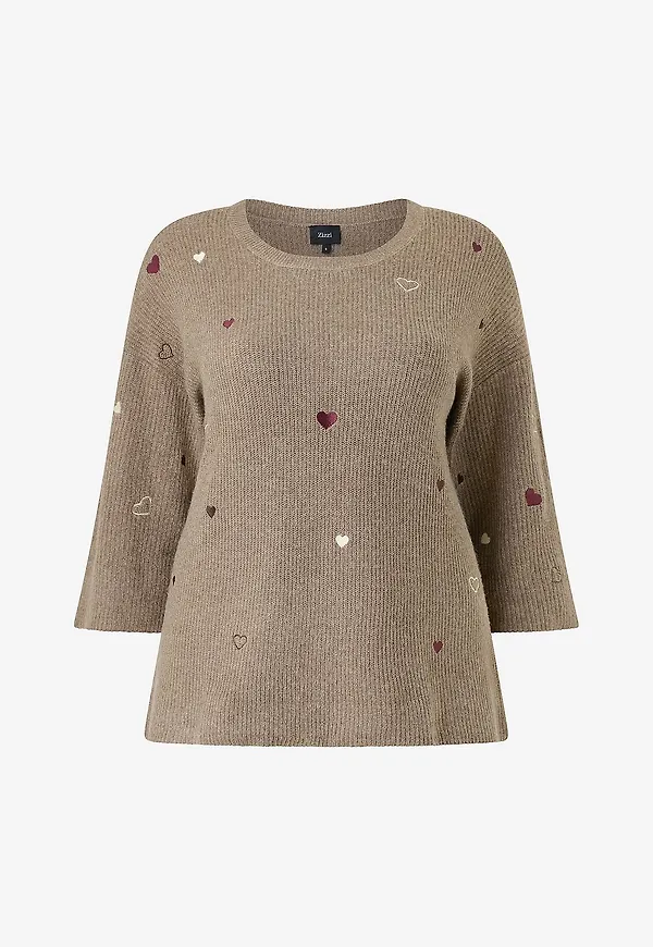 Zizzi - Tröja mSunny Heart, 3/4 - Brun